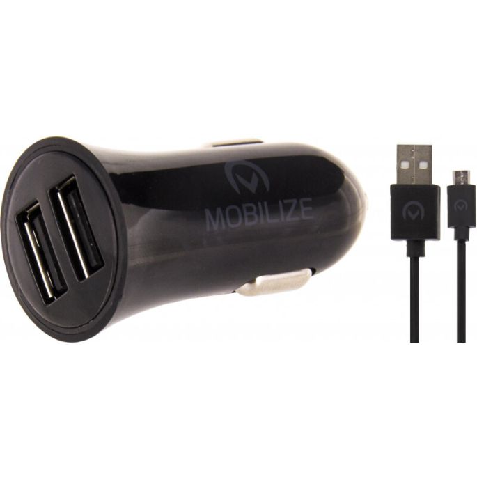 Mobilize Car Charger 2x USB 24W + USB to Micro USB Cable 1m. Black