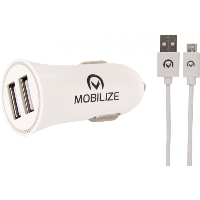 Mobilize Autolader Dual USB + 1m. Micro USB Kabel - Wit