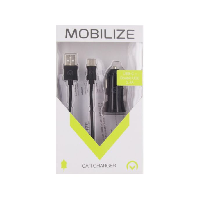 Mobilize Car Charger Dual USB 2.4A 12W + 1m USB-C Cable Black