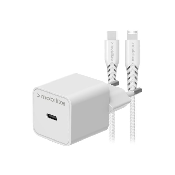 Mobilize USB-C Lader 20W met PD + MFi Lightning Nylon Kabel 1.2m - Wit
