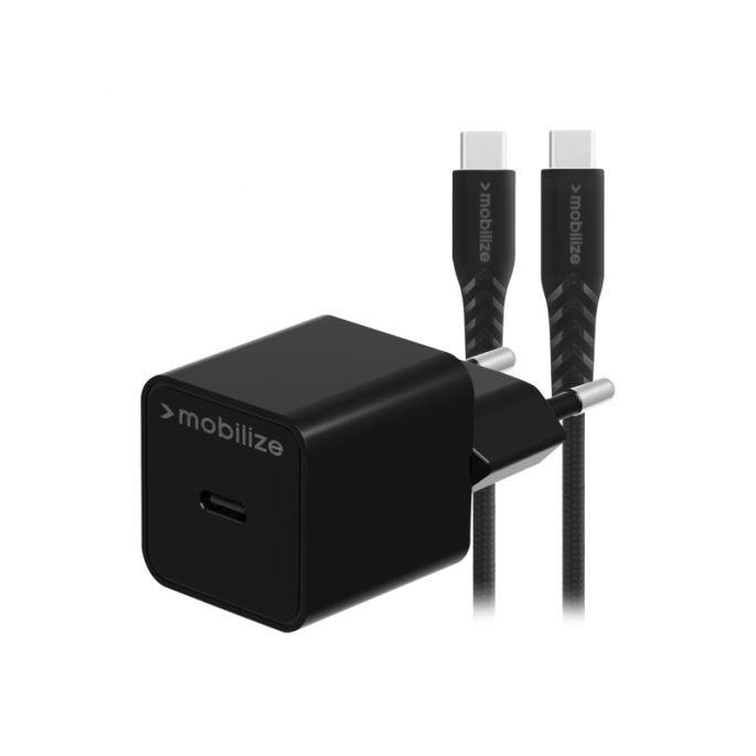 Mobilize USB-C Lader 20W met PD/PPS + USB-C Nylon Kabel 1.2m - Zwart