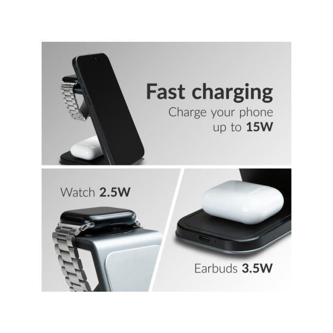 Mobilize 3in1 Aluminium Wireless Charger Station Universal 15W