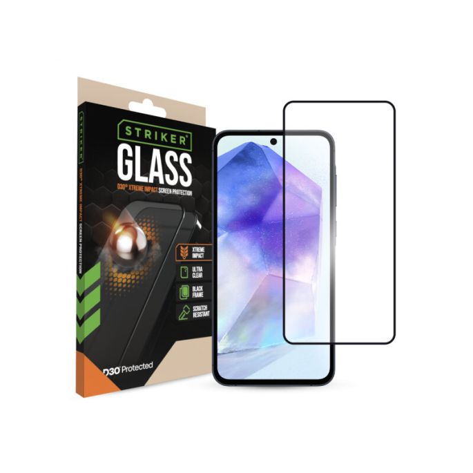 Striker D3O Xtreme Impact Glass Screen Protector - Black Frame - Samsung Galaxy A35 5G/A36 5G/A55 5G/A56 5G/S24 FE 5G