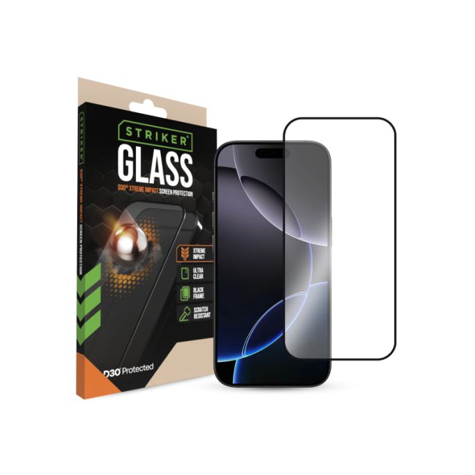 Striker D3O Xtreme Impact Glass Screen Protector - Black Frame - Apple iPhone 14 Pro/15/16