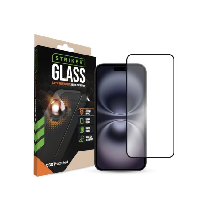 Striker D3O Xtreme Impact Glass Screen Protector - Black Frame - Apple iPhone 14 Pro Max/15 Plus/16 Plus