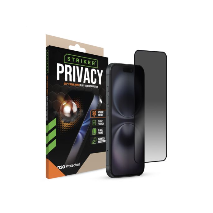 Striker D3O Xtreme Impact Privacy Glass Screen Protector - Black Frame - Apple iPhone 13 Pro/15/16
