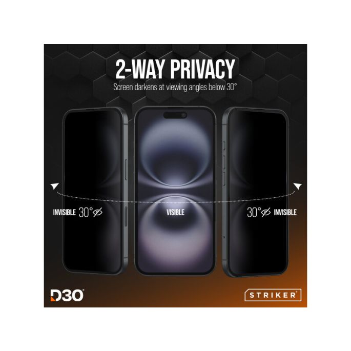 Striker D3O Xtreme Impact Privacy Glass Screen Protector - Black Frame - Apple iPhone 13 Pro/15/16