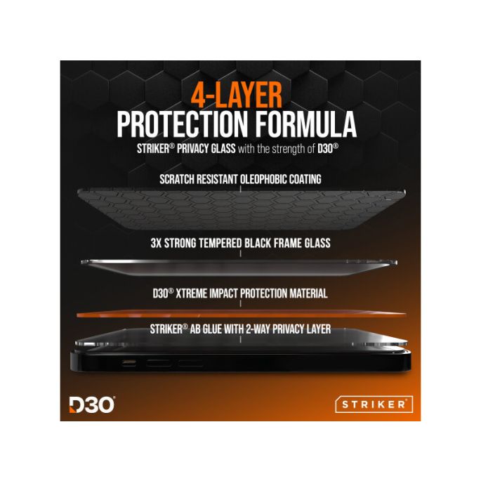 Striker D3O Xtreme Impact Privacy Glass Screen Protector - Black Frame - Apple iPhone 15 Pro