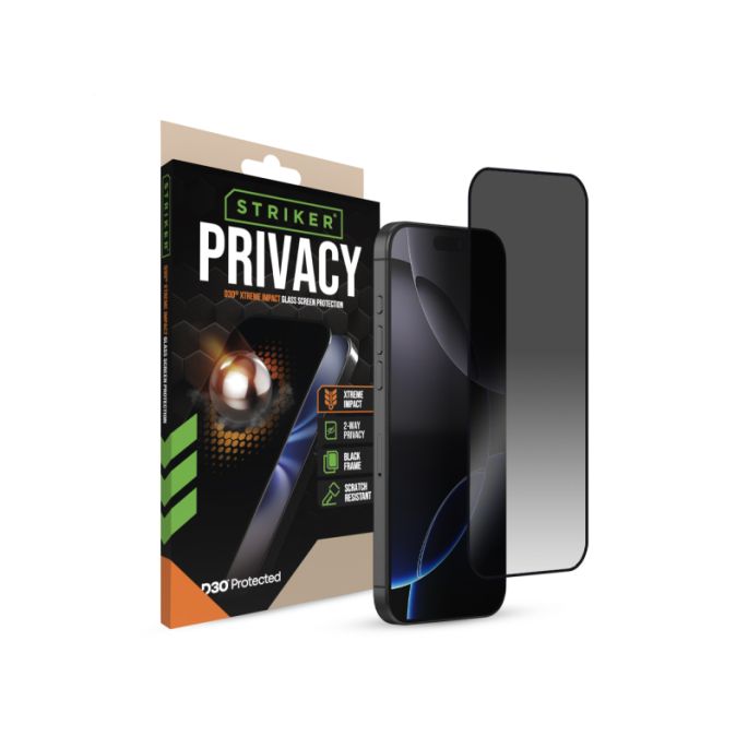 Striker D3O Xtreme Impact Privacy Glass Screen Protector - Black Frame - Apple iPhone 16 Pro Max