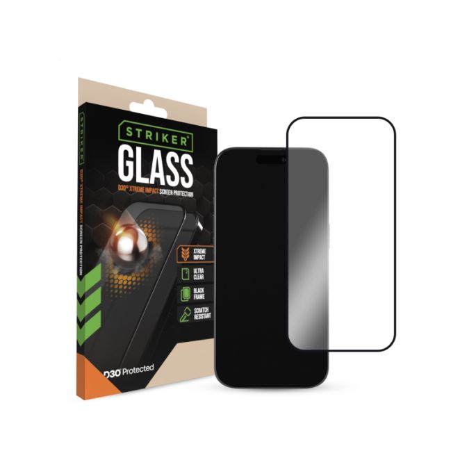 Striker D3O Xtreme Impact Glass Screen Protector - Black Frame - Apple iPhone 16 Pro/17/17 Pro