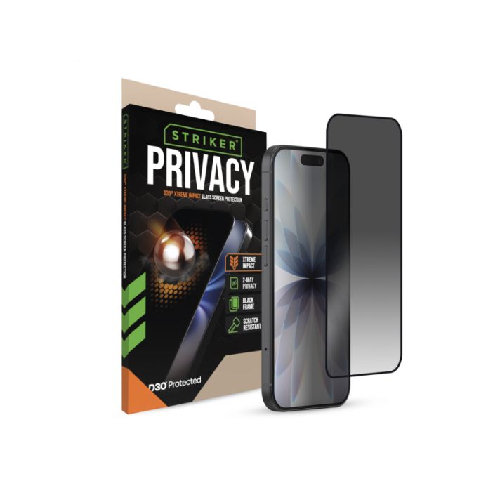 Striker D3O Xtreme Impact Privacy Glass Screen Protector - Black Frame - Apple iPhone 18 Pro Max