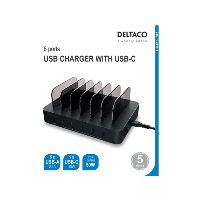 DPS-0200 DELTACO 6-ports USB + USB-C Charging Station 50W Black