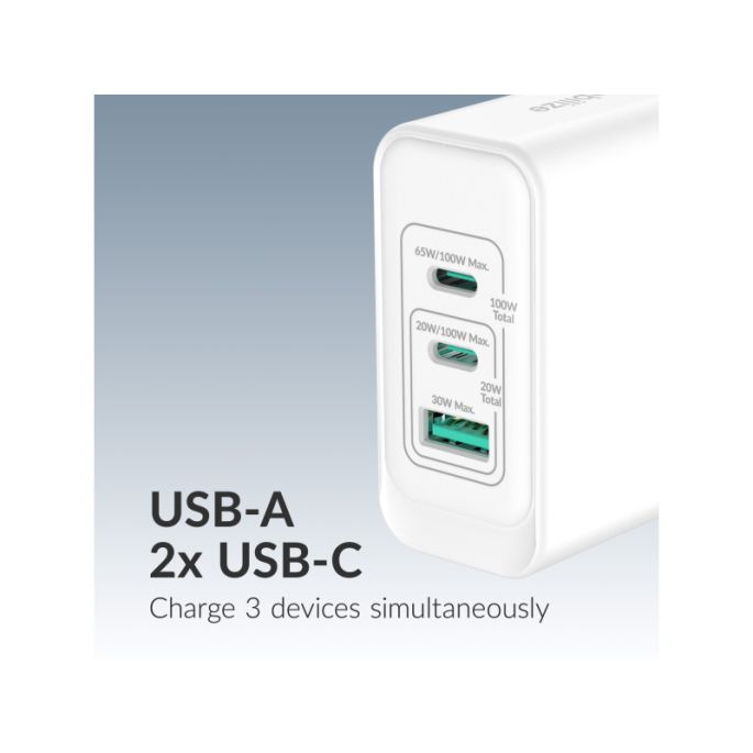 Mobilize Wall Charger 2x USB-C + 1x USB GaN 100W with PD/PPS White