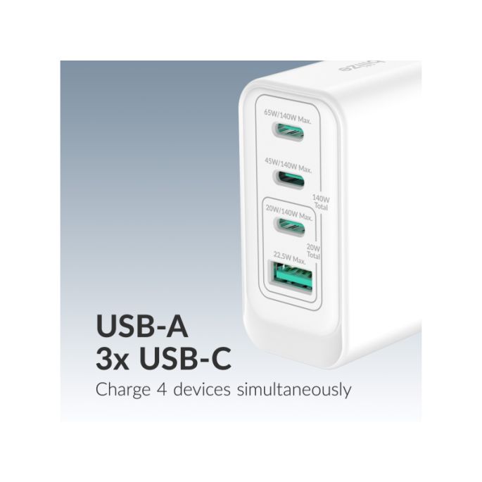 Mobilize Wall Charger 3x USB-C + 1x USB GaN 140W with PD/PPS White