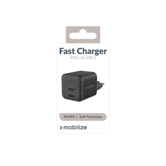 Mobilize Wall Charger 2x USB-C GaN 45W with PD/PPS Black