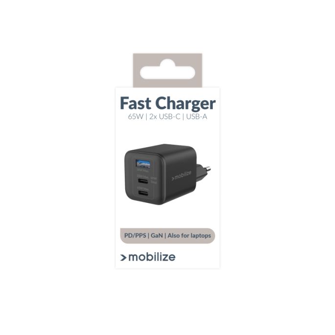 Mobilize Wall Charger 2x USB-C + 1x USB GaN 65W with PD/PPS Black