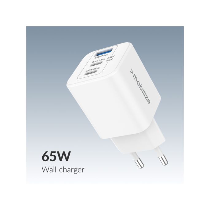 Mobilize Wall Charger 2x USB-C + 1x USB GaN 65W with PD/PPS White