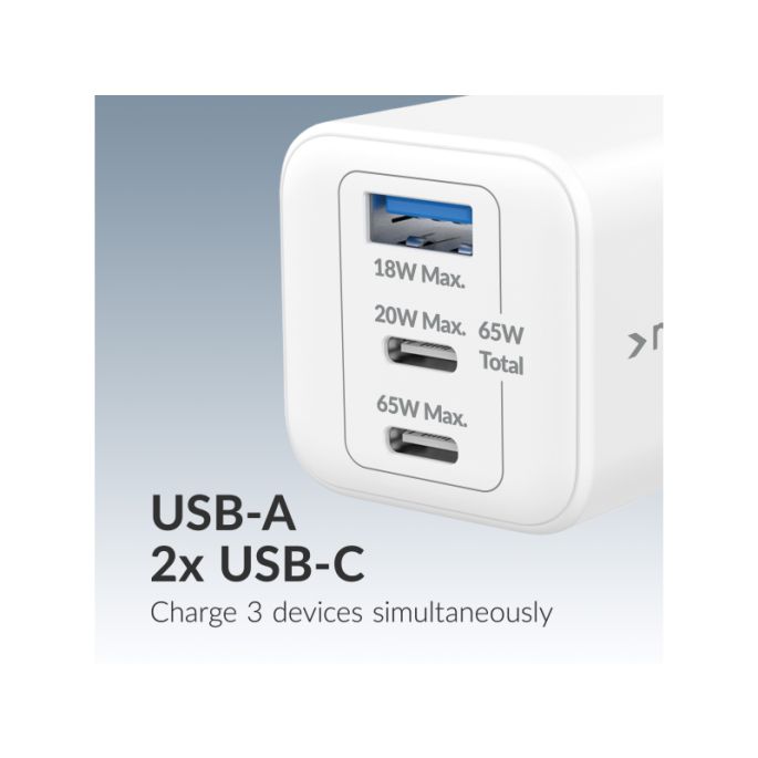 Mobilize Wall Charger 2x USB-C + 1x USB GaN 65W with PD/PPS White