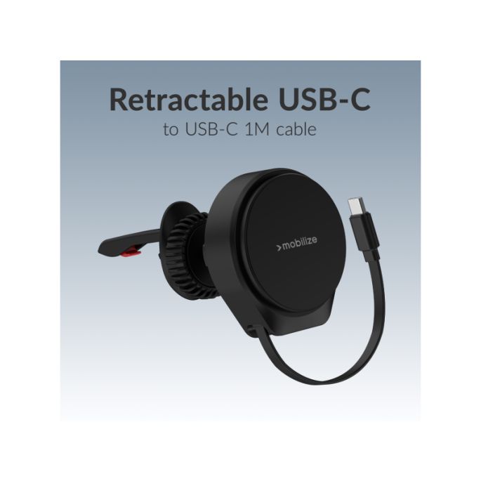 Mobilize MagSafe Compatible Car Holder/Charger 25W Qi2.2 with Retractable USB-C Cable Black