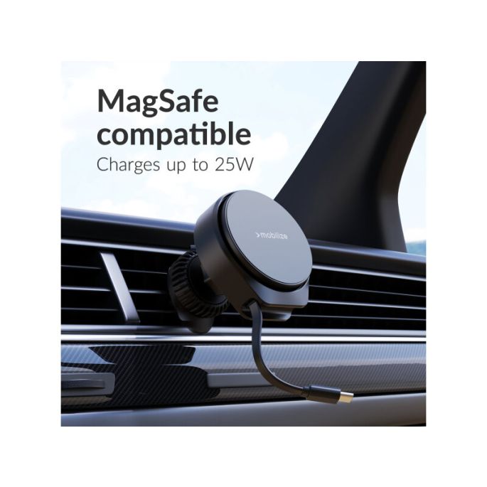 Mobilize MagSafe Compatible Car Holder/Charger 25W Qi2.2 with Retractable USB-C Cable Black