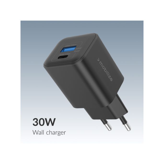 Mobilize Wall Charger USB-C + USB GaN 30W with PD/PPS Black