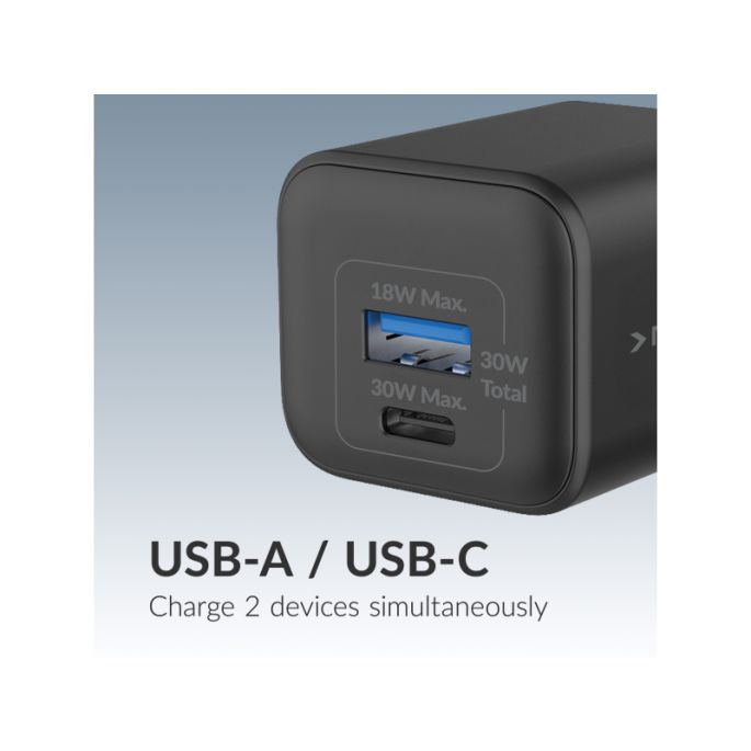 Mobilize Wall Charger USB-C + USB GaN 30W with PD/PPS Black