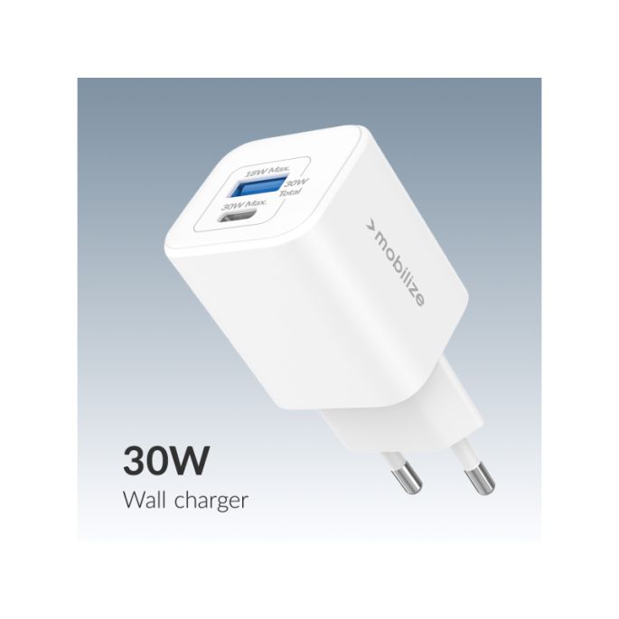 Mobilize Wall Charger USB-C + USB GaN 30W with PD/PPS White