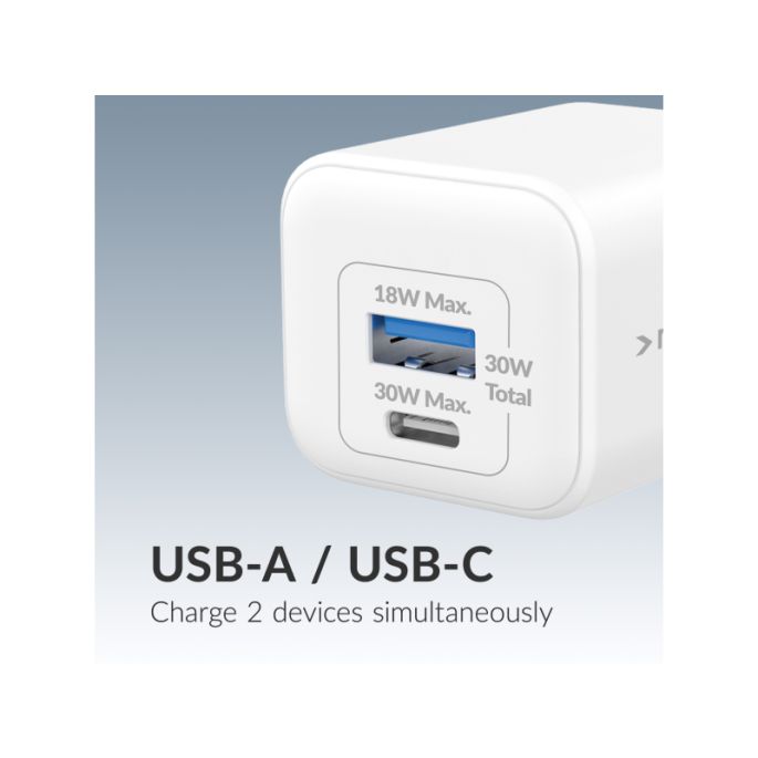 Mobilize Wall Charger USB-C + USB GaN 30W with PD/PPS White