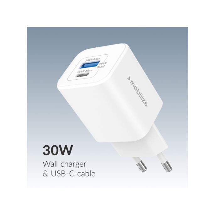 Mobilize Wall Charger USB-C + USB GaN 30W with PD/PPS + USB-C Nylon Cable 1.2m White