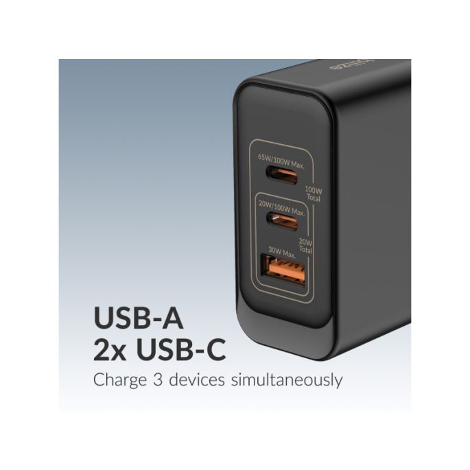 Mobilize Wall Charger 2x USB-C + 1x USB GaN 100W with PD/PPS Black