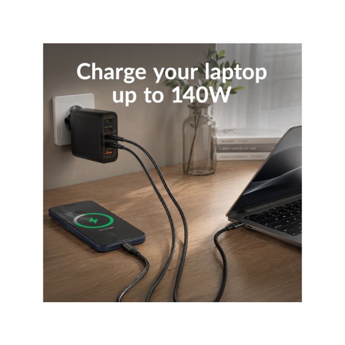 Mobilize Wall Charger 3x USB-C + 1x USB GaN 140W with PD/PPS Black