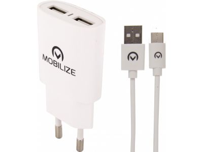 Mobilize Oplader Dual USB 2.4A 12W + 1m. USB-C Cable - Wit