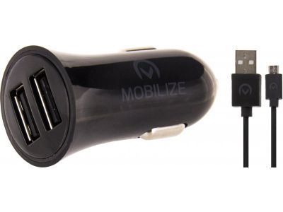 Mobilize Autolader Dual USB + 1m. Micro USB Kabel - Zwart