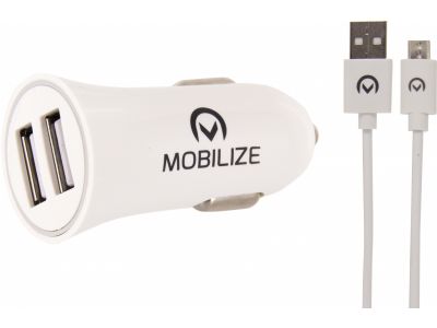 Mobilize Autolader Dual USB + 1m. Micro USB Kabel - Wit