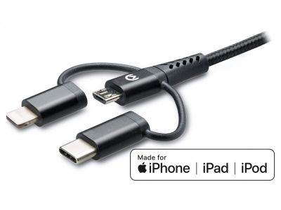 Mobilize Nylon Braided 3in1 Charge/Sync Cable with MFi 2.4A 1.5m. Black