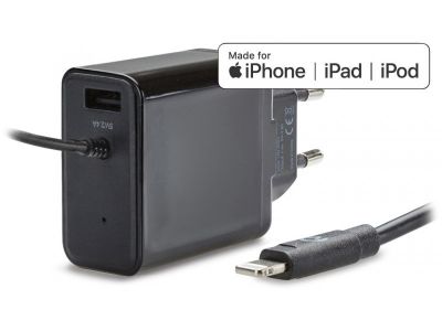 Mobilize Smart Oplader Apple MFi Lightning + USB 4.8A 24W 1m. - Zwart