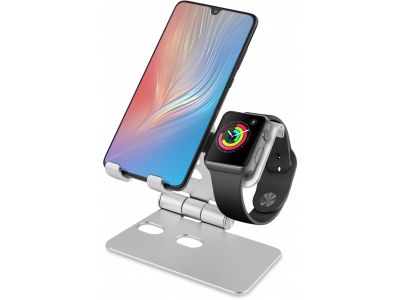 Xccess Foldable Aluminium 2in1 Holder for Apple iPhone and Watch Silver