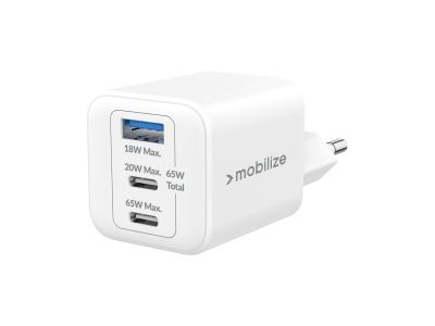 Mobilize Wall Charger 2x USB-C + 1x USB GaN 65W with PD/PPS White