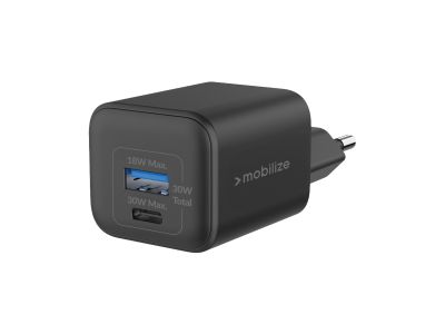 Mobilize Wall Charger USB-C + USB GaN 30W with PD/PPS Black