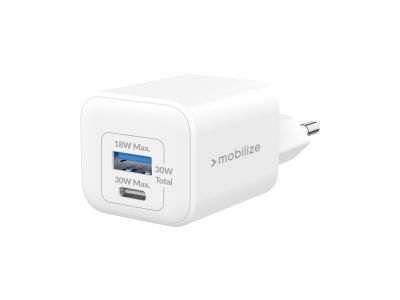 Mobilize Wall Charger USB-C + USB GaN 30W with PD/PPS White