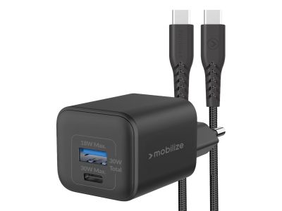 Mobilize Wall Charger USB-C + USB GaN 30W with PD/PPS + USB-C Nylon Cable 1.2m Black