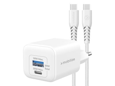 Mobilize Wall Charger USB-C + USB GaN 30W with PD/PPS + USB-C Nylon Cable 1.2m White